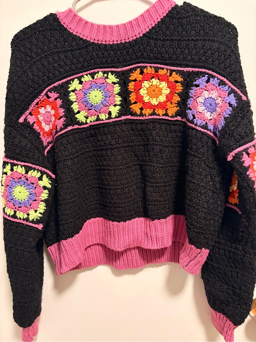 Forever 21 Black Crocheted Sweater with Pink Trim and Multicolor granny squares